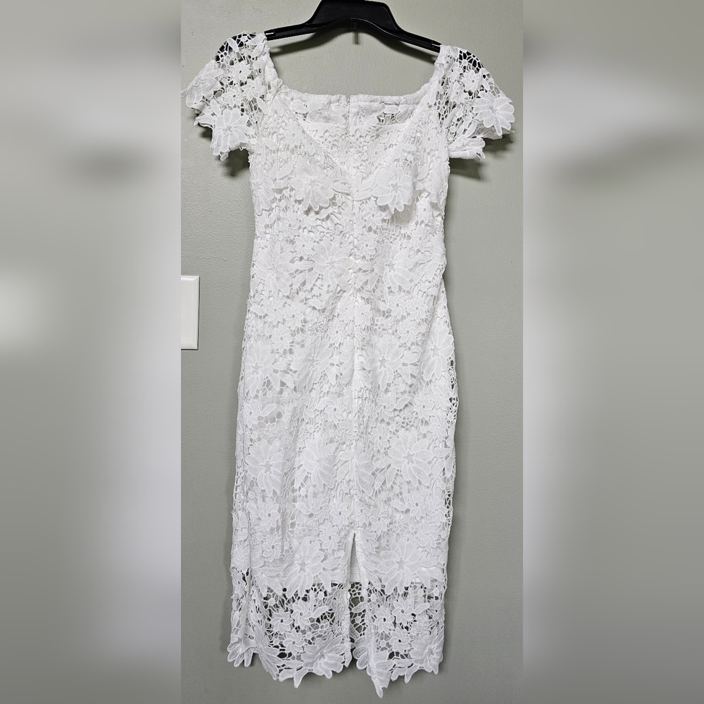 EILLY BAZAR Women's Guipure Lace Slit Hem Off The Shoulder Dress WHITE XS - Picture 3 of 9